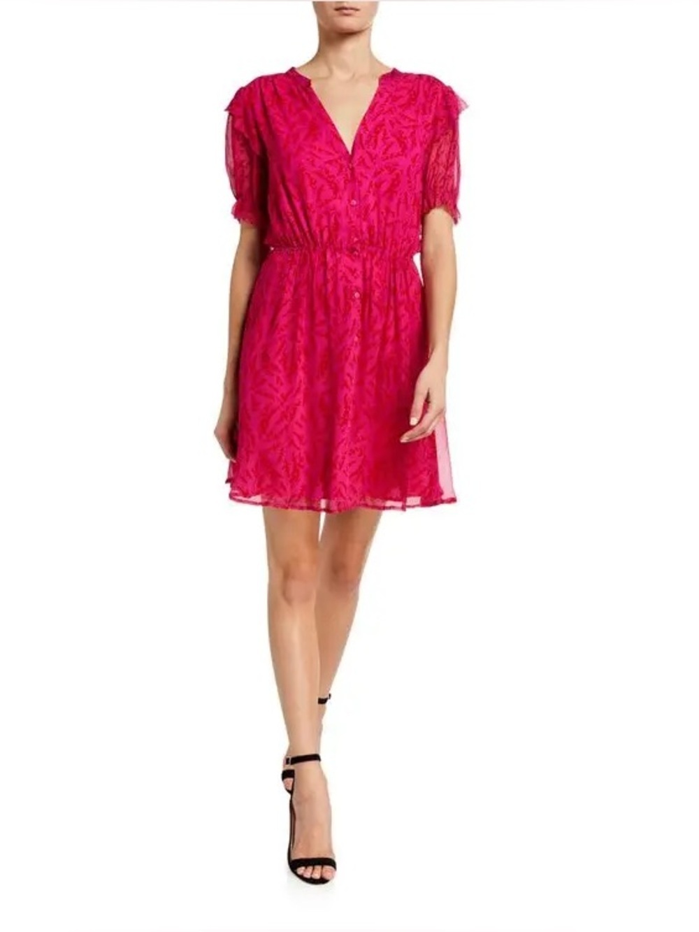 BA&SH XS Pink Matcha Floral Button Down Mini Dress Short Sleeve Ruffle